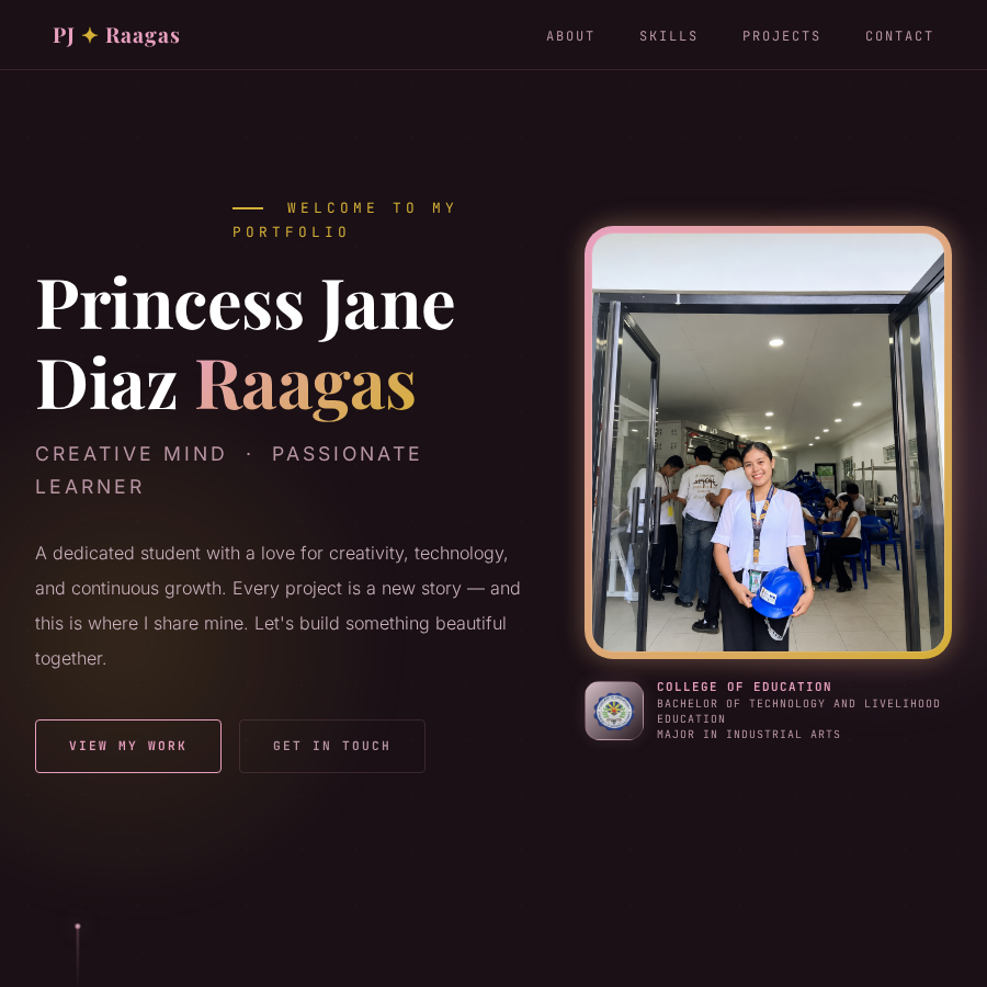 Screenshot of the Princess Jane Diaz Raagas portfolio homepage